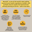 Promotional graphic for MuscleX, highlighting its benefits and clinical studies on a beige background.