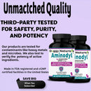 Two bottles of Doggy Naturals Aminodyl on a purple background with text about product quality and safety.