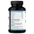 Black supplement bottle with white label detailing active and inactive ingredients on a white background