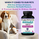 Doggy Naturals Aminodyl supplement bottle with a dog on a couch, emphasizing kidney health support.