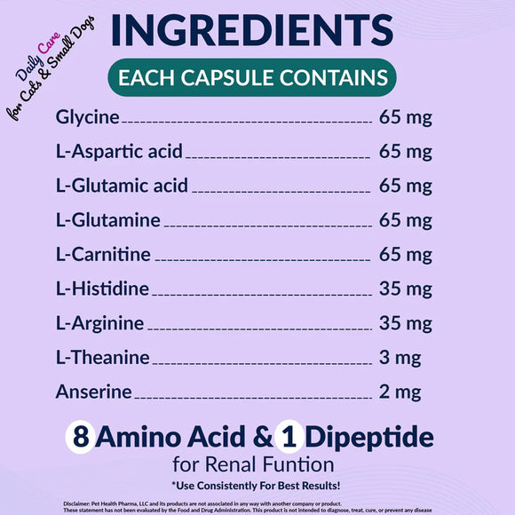 List of ingredients in capsules with their respective amounts on a purple background