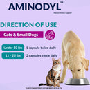 Aminodyl product information for cats and small dogs with directions on a purple background.
