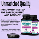 Two bottles of Aminodyl with text about product quality and safety on a purple background