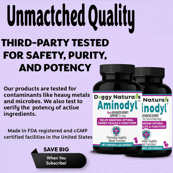 Two bottles of Aminodyl with text about product quality and safety on a purple background