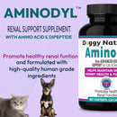 Doggy Nature Amino supplement bottle with text about renal support for pets on a purple background