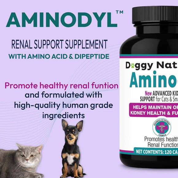 Doggy Nature Amino supplement bottle with text about renal support for pets on a purple background