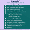 Aminodyl renal support supplement for cats and dogs on a purple and green background