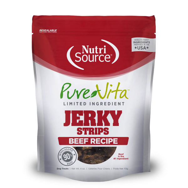 NutriSource PureVita LID Jerky Strips Dog Treats Beef, 4-oz