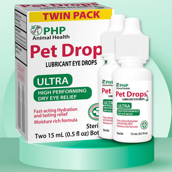 PHP Animal Health Pet Drop Lubricant Eye Drops twin pack on a green background