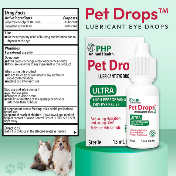 Pet Drops lubricant eye drops packaging with product details on a green background