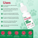 Pet Drops bottle with uses listed on a green background with paw prints