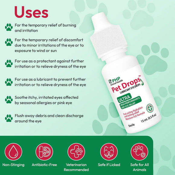 Pet Drops bottle with uses listed on a green background with paw prints
