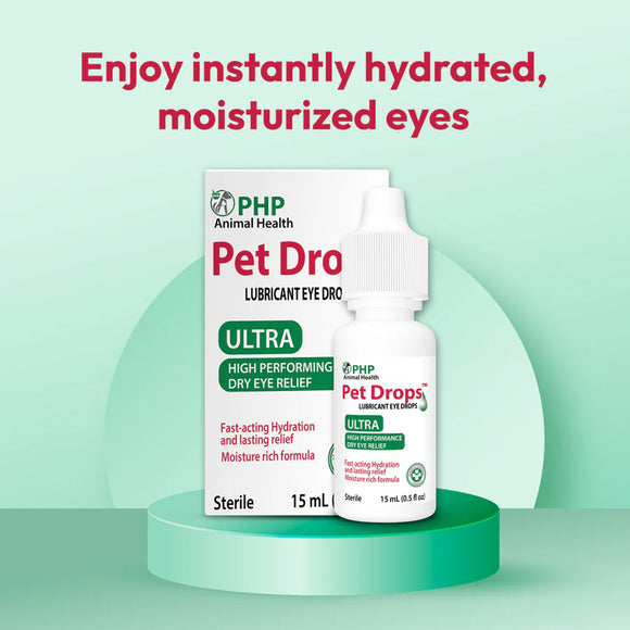 PHP Animal Health Pet Dro Lubricant Eye Drops on a green background