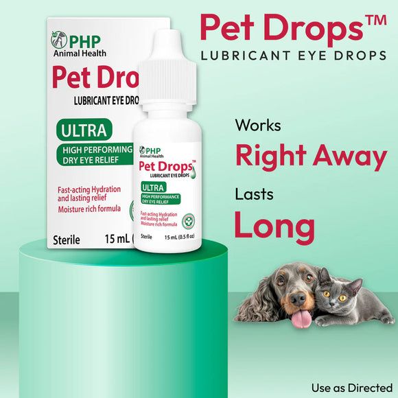 Pet Drops lubricant eye drops packaging with a dog and cat on a green background