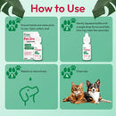 Instructions on how to use pet drops with images of a bottle and two dogs.