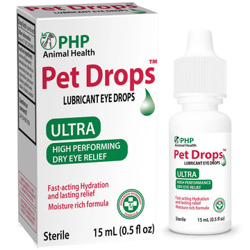 PHP Animal Health Pet Drops Lubricant Eye Drops packaging and bottle on a white background