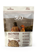 Package of 360 Pet Nutrition Multi-Protein dog food with a scenic background