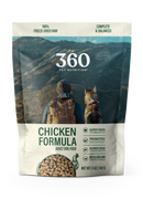 360 Pet Nutrition chicken formula dog food package with a person and dog illustration on a mountain background