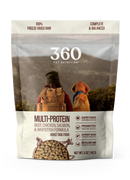 360 Pet Nutrition dog food package with a person and dog on a mountain background