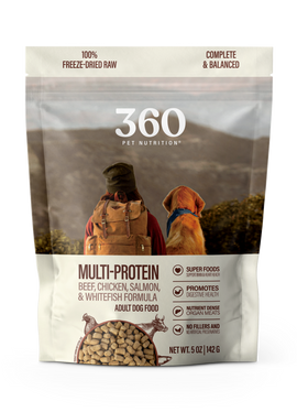 360 Pet Nutrition dog food package with a person and dog on a mountain background