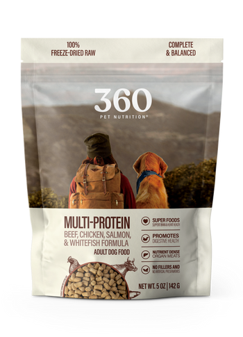 360 Pet Nutrition dog food package with a person and dog on a mountain background