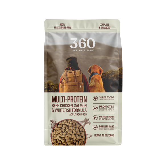 360 Pet Nutrition dog food package with a scenic background