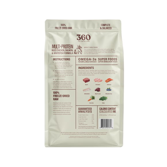 Back view of a 360 Multi-Protein pet food package on a white background