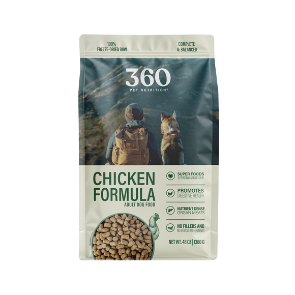 360 Pet Nutrition Chicken Formula dog food package on a white background