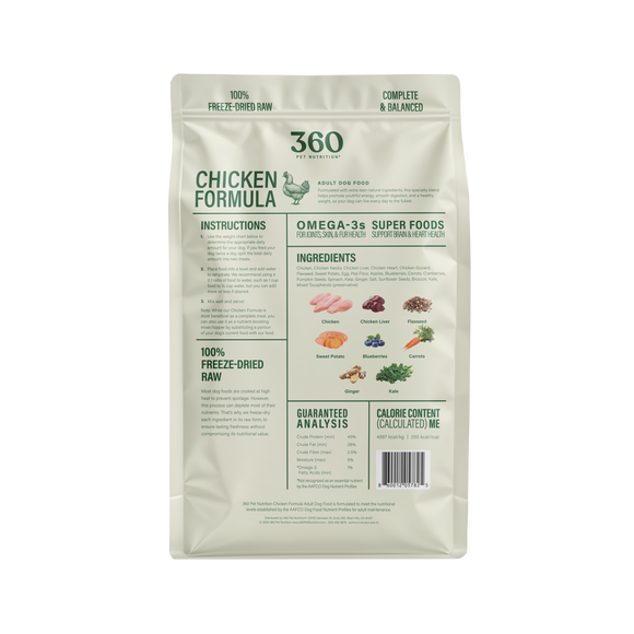 Package of 360 Chicken Formula pet food on a white background