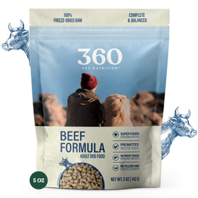 360 Pet Nutrition Beef Formula dog food package with a person and cows in the background.