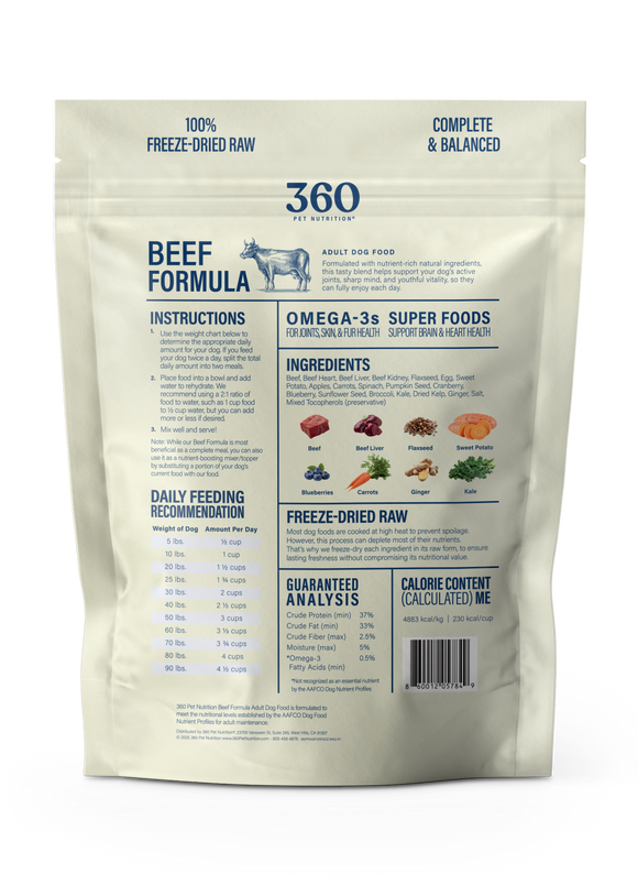 Package of 360 Pet Food with beef formula on a white background