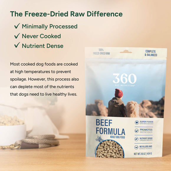 360 Pet Nutrition beef formula dog food package on a wooden surface with text about freeze-dried raw dog food.