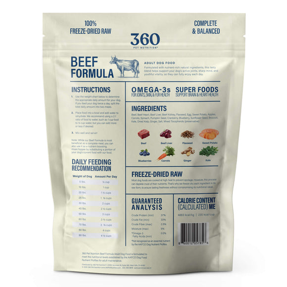 Package of 360 Pet Nutrition Beef Formula dog food on a white background