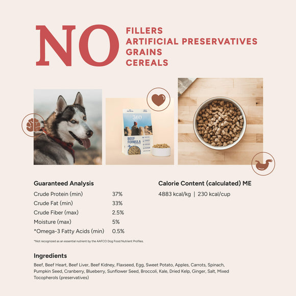 Dog food packaging with guaranteed analysis, calorie content, and ingredient list on a white background.