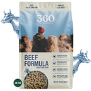 360 Pet Nutrition Beef Formula dog food package with a person and dogs in the background