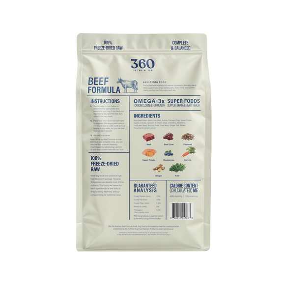 Dog food package with '360' branding on a white background