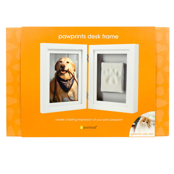 Pawprints desk frame packaging with a dog and pawprint impression on an orange background