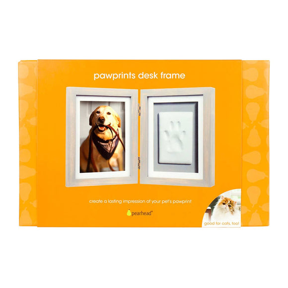Pawprints desk frame packaging with a dog's pawprint and photo on an orange background