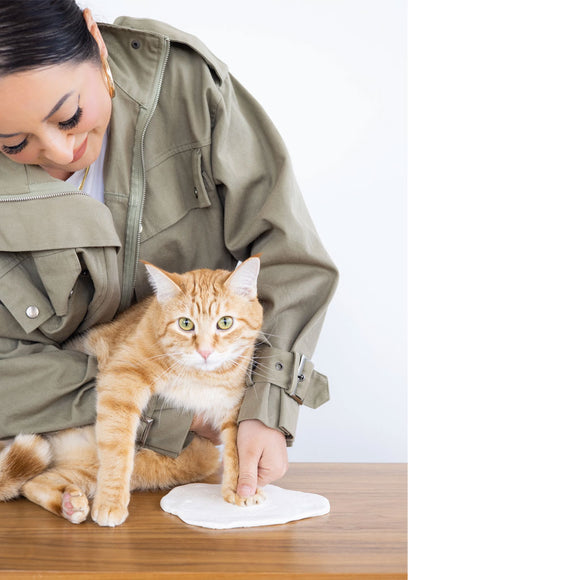 Woman in a green jacket with an orange cat on a wooden table