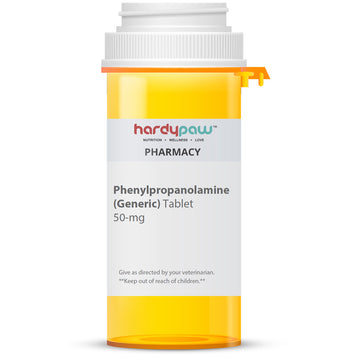 Yellow pill bottle with white cap labeled 'hardypaw Pharmacy' on a white background