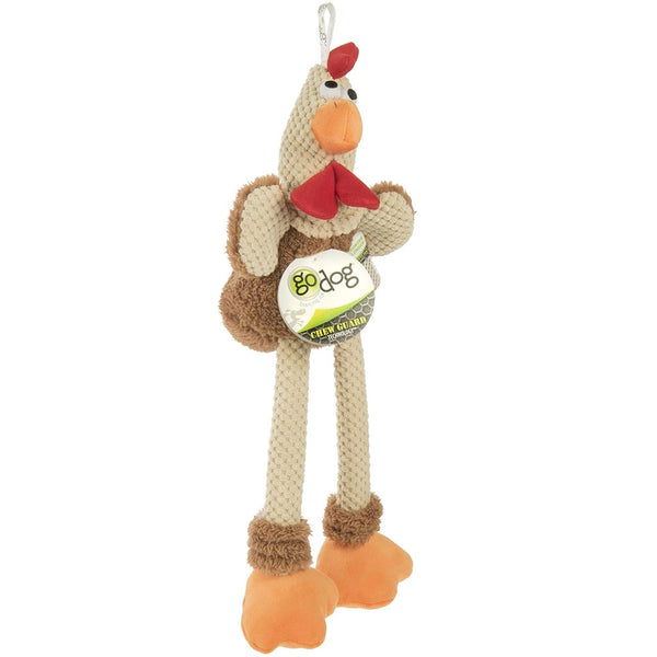 GoDog Checkers Skinny Brown Rooster Plush Squeaker Dog Toy