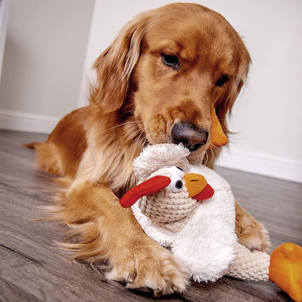 GoDog Checkers Fat White Rooster Plush Squeaker Dog Toy