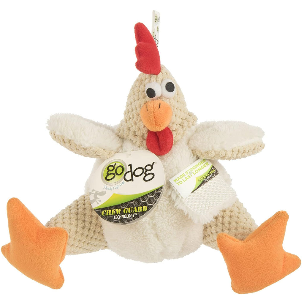 GoDog Checkers Fat White Rooster Plush Squeaker Dog Toy