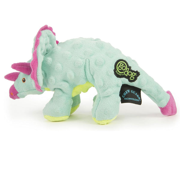 GoDog Teal Dinos Frills Chew Guard Squeaky Plush Dog Toy, Small