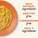 Plate of food with text highlighting natural ingredients and additive-free status