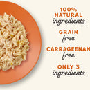 Plate of food with text highlighting '100% natural ingredients', 'grain free', 'carrageenan free', and 'only 3 ingredients' on a white background.
