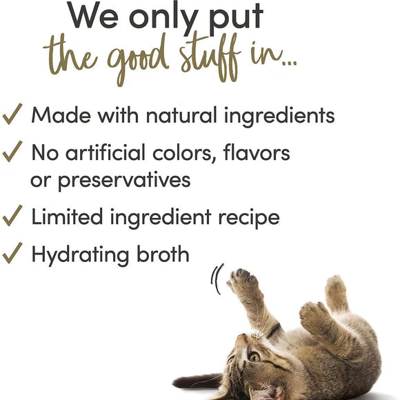 Cat lying on its back with text about product ingredients on a white background
