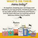 Applaws cat food products on a white background with text about keeping cats happy and healthy.