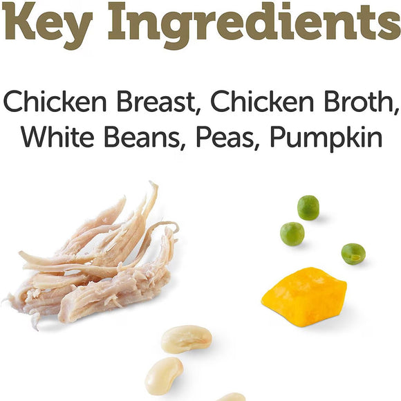 List of key ingredients including chicken breast, chicken broth, white beans, peas, and pumpkin on a white background.