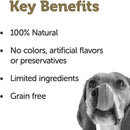 Dog with text listing key benefits of a product on a white background